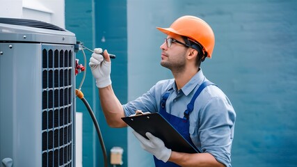Efficient HVAC Technician Thoroughly Inspecting an Air Conditioning Unit with Focus on Maintenance and Repair Procedures