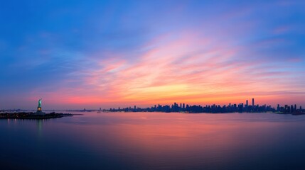 Breathtaking sunset over the skyline with vibrant colors illuminating the cityscape and the iconic statue silhouette.