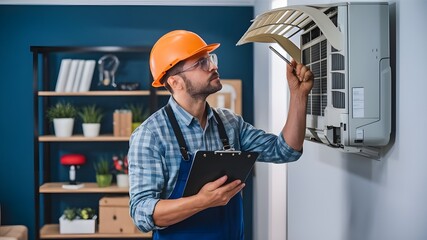 Efficient HVAC Technician Conducting a Thorough Inspection of an Air Conditioning System with Emphasis on Maintenance Tasks