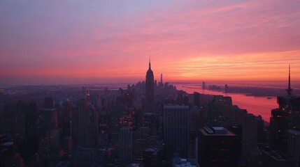 Obraz premium Breathtaking sunset view over a bustling city skyline, highlighting iconic skyscrapers and vibrant sky colors.