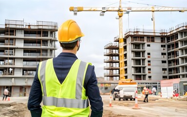 Back View of a Construction Engineer in Standard Safety Gear on a Job Site with a Focus on Safety and Work Procedures