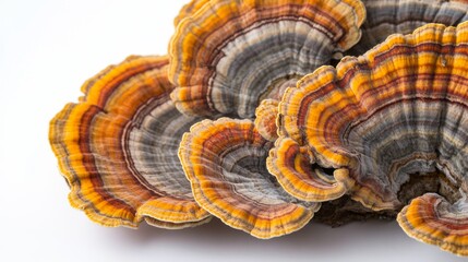 Close-up of a cluster of organic turkey tail mushrooms, showcasing their vibrant colors and textures on a white background.