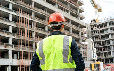 Back View of a Construction Engineer in Standard Safety Gear Overlooking a Construction Site with Focus on Safety Protocols