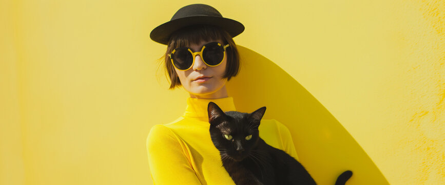 Brunette woman with retro style posing with black cat, cat lady concept, yellow background