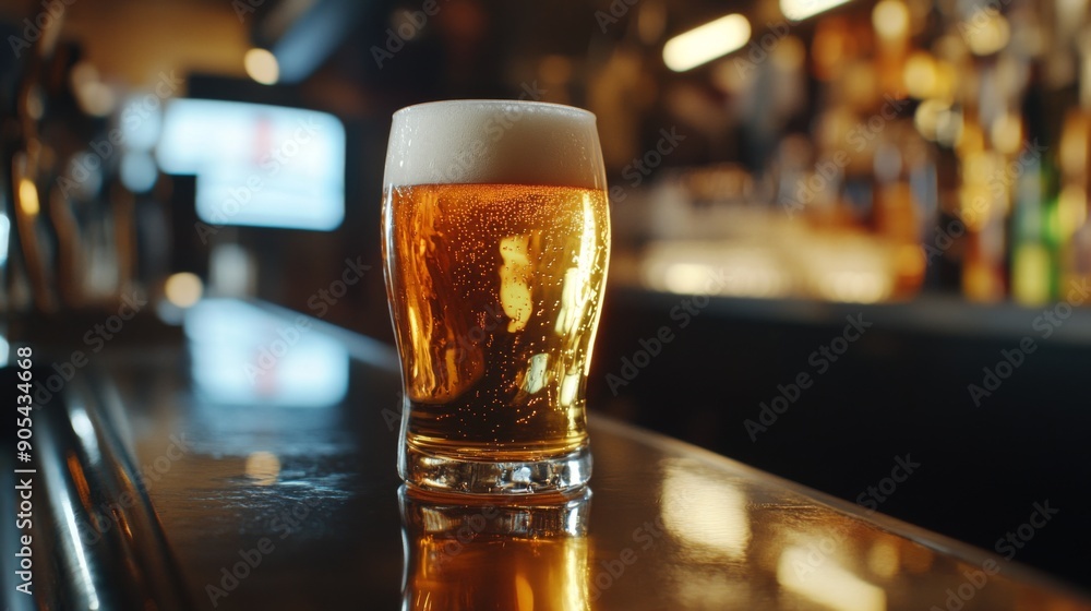 Poster close-up of a frosty pint of beer with golden hues, set on a polished bar counter.