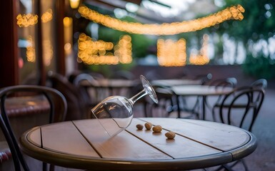 A Stunning High Resolution Photo Featuring an Empty Wooden Table with Soft Bokeh Lights Creating a Cozy and Elegant Dining Atmosphere