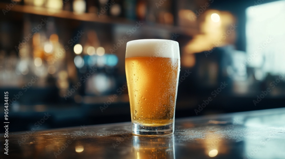 Poster close-up of a frosty pint of beer with golden hues, set on a polished bar counter.