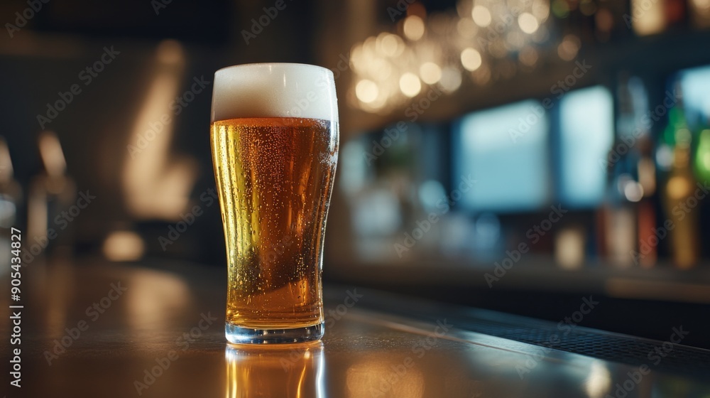 Poster close-up of a frosty pint of beer with golden hues, set on a polished bar counter.