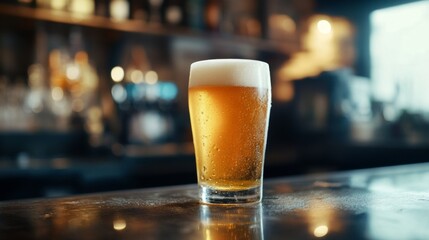 Close-up of a frosty pint of beer with golden hues, set on a polished bar counter.