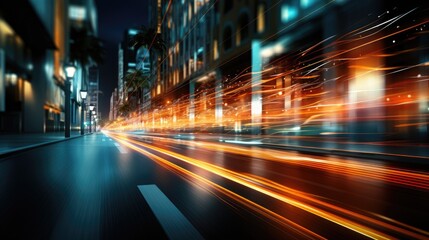 Obraz premium Abstract background of high speed global data transfer and super fast broadband in futuristic tech city at night - Generative AI illustration 