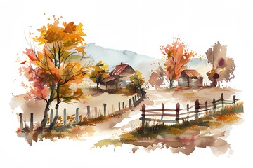 A painting of a rural scene with a house, a fence, and a road. The painting is done in watercolor and has a warm, autumnal feel