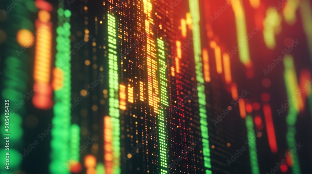 Poster Close-up of a gold stock market graph with green and red candlesticks on a screen.