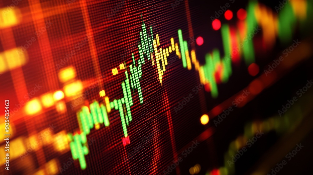Poster Close-up of a gold stock market graph with green and red candlesticks on a screen.