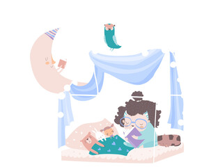 Cute little kid girl reading book in bedroom for her toys. Vector illustration