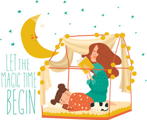 Beautiful mother read book for her sleeping daughter. Vector illustration