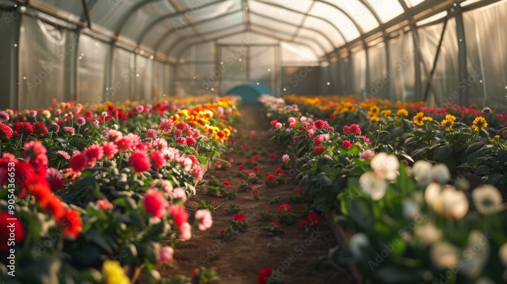 Poster A colorful array of flowers blooms inside a spacious greenhouse with warm light streaming through.