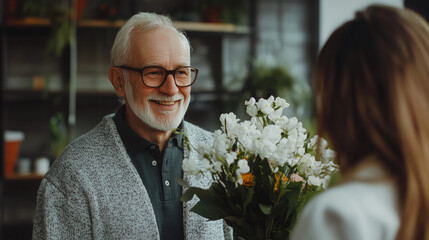 middle age man coming out of hospital after being admitted receiving flowers