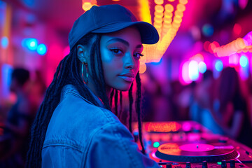 A woman with dreadlocks is standing in front of a DJ booth