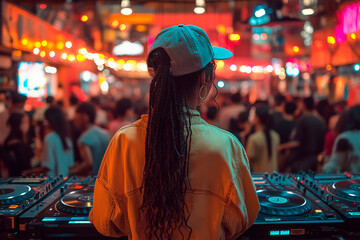 Obraz premium A woman stands in front of a DJ booth with a crowd of people around her