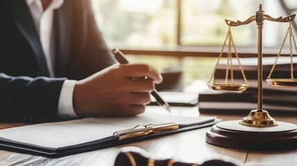 A lawyer writes legal documents in an office, with the scales of justice prominently displayed on the desk