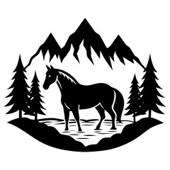 A majestic horse standing by a clear mountain stream in a dense forest, with snow-capped peaks in the background.