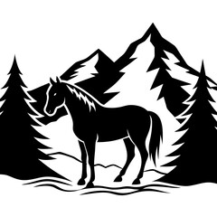 Fototapeta premium A majestic horse standing by a clear mountain stream in a dense forest, with snow-capped peaks in the background.