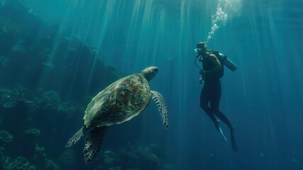 Obraz premium A diver encounters a majestic sea turtle in tranquil waters, showcasing the beauty of marine life and underwater exploration.