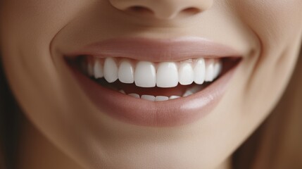 Fototapeta premium Close-up of a woman's perfect teeth as she smiles brightly in a studio shot.