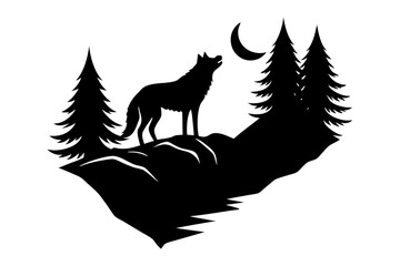 A wolf standing on a rocky outcrop overlooking a forested valley with a flowing river