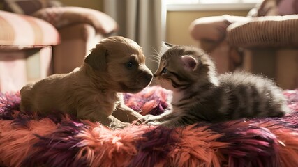 Heartwarming scene featuring a playful baby puppy and a kitten, capturing the joy and cuteness of animal companionship