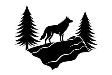 A wolf standing on a rocky outcrop overlooking a forested valley with a flowing river