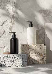Beauty natural skincare product mockup. Shampoo and conditioner bottles on stone terrazzo podium