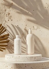 Beauty natural skincare product mockup. Shampoo and conditioner bottles on stone terrazzo podium