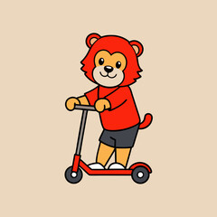 A lion cub on a trick scooter wearing a red t-shirt and red shorts vector illustration 