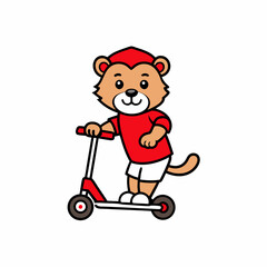 A lion cub on a trick scooter wearing a red t-shirt and red shorts vector illustration 