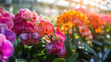 Obraz premium Colorful orchids showcase their beauty in a greenhouse as warm sunlight filters through, highlighting their vivid hues.