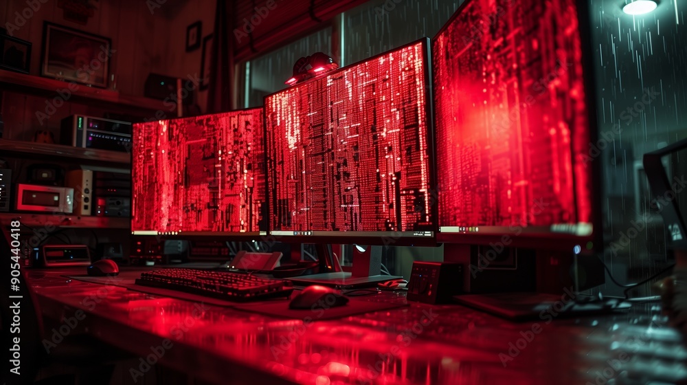 Poster high-tech workspace with multiple monitors displaying red data streams and rainy window view