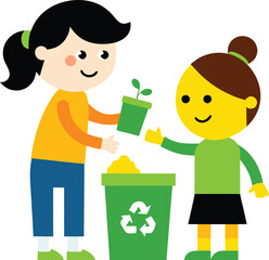 Groovy helping Phoebe sort recyclables. on white background