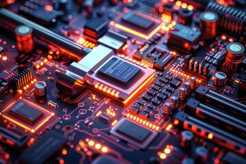 Obraz premium Closeup of a Computer Motherboard with Glowing Circuits