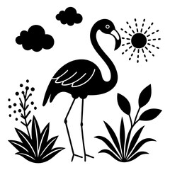 flamingo con pasto alrededor una flor  vector silhouette 
