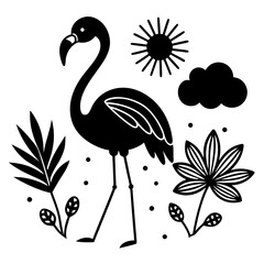 Naklejka premium flamingo con pasto alrededor una flor vector silhouette 