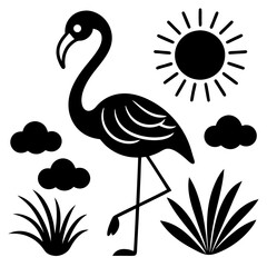 flamingo con pasto alrededor una flor  vector silhouette 
