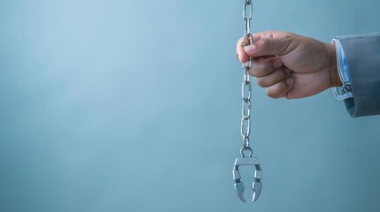Hand holding a chain with shackles, symbolizing constraint and captivity.