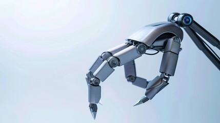 Robot hand holding a pair of scissors against a blue background.