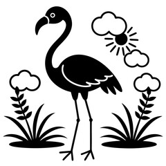 flamingo con pasto alrededor una flor  vector silhouette 