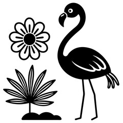 flamingo con pasto alrededor una flor  vector silhouette 
