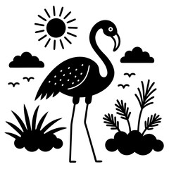 flamingo con pasto alrededor una flor  vector silhouette 