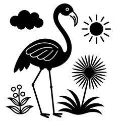 flamingo con pasto alrededor una flor  vector silhouette 