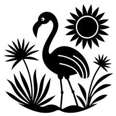 flamingo con pasto alrededor una flor  vector silhouette 