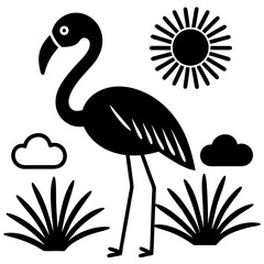 flamingo con pasto alrededor una flor  vector silhouette 